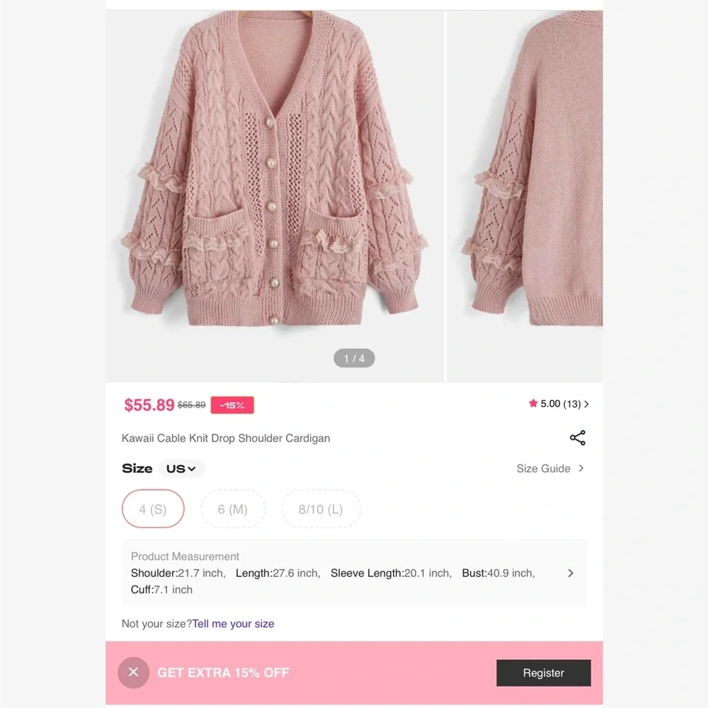 Romwe Kawaii Pink Cable Knit Lace Pearl Button Down Sweater Cardigan S - Picture 12 of 12